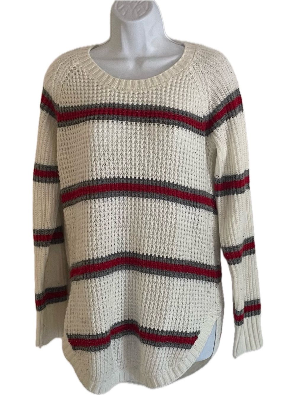 Arizona Jean Company Cream Waffle Knit Sweater with Red & Gray Stripes